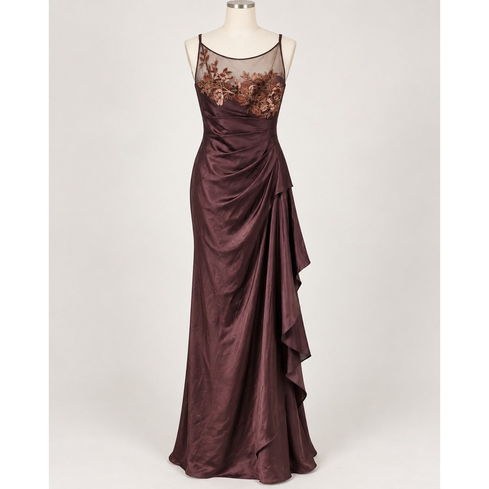Liancarlo Couture Silk Evening Gown Embroidered Illusion Ruffle Dress Brown 6